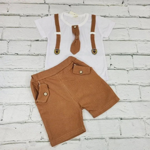 2T Brown Faux Suit Shorts Baby Boys 2 pcs Outfit. T-Shirt and Shorts Set - Picture 11 of 12